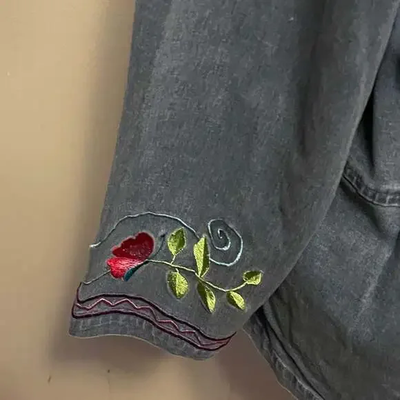 Denim Chore Jacket Teacher Chic Embroidery Jean Sz.L Cottage core - Picture 7 of 8